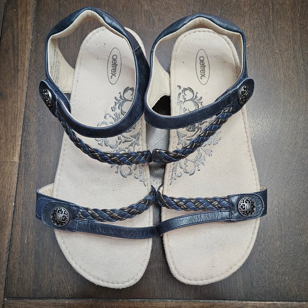 Aetrex Sandals Size 11 Navy Blue Leather Braid Medallion Comfort Shoes Orthotic